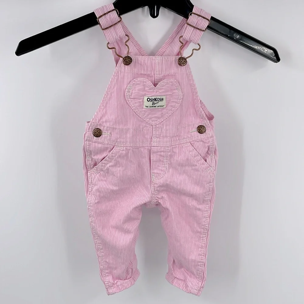 OshKosh B’gosh Vestbak pink white heart railroad striped bib overalls Size 3M